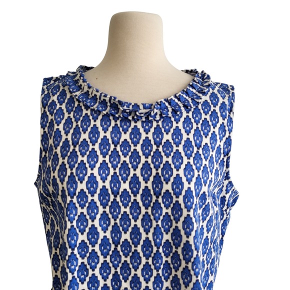 Talbots Petite XL Blue White Geo Ruffle Neck Cotton Shift Dress NWT Knee Length - Picture 4 of 11